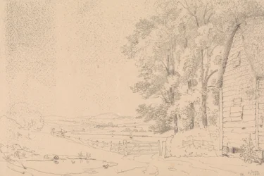 Esboço de um edifício de colmo e de um rio além