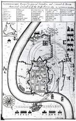 Londonderry Beseiged pelo general Hamilton e Conrad de Rosen, gravado por J. Sturt, 1689