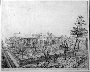 Uma vista do pomar no oeste da Longwood House na Ilha de Santa Helena, c.1821
