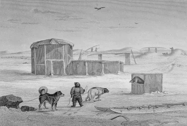 Casa Eskimaux, construída de gelo, Igloolik, 1822, de &39;Journal of a Second Voyage para a Descoberta de uma Passagem Noroeste do Atlântico para o Pacífico, realizada nos anos 1821-22-23&39;, por William