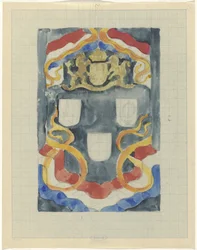 Projecto decorativo com o brasão nacional, bandeiras e estandartes
