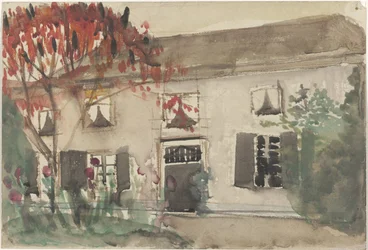 Casa com jardim e árvore vermelha