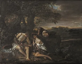 Um casal adormecido, descoberto por três mulheres numa paisagem Arcadiana (óleo sobre painel)