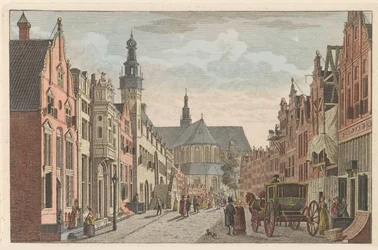 Langestraat em Alkmaar, cerca de 1790 Langestraat, Prefeitura e Grote Kerk em Alkmaar / Rue longue - Hotel de Ville - et grande Eglise à Alkmaar (título no objeto)