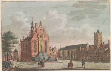 Mercado e Câmara Municipal de Schiedam, ca. 1790
Mercado e Câmara Municipal em Schiedam / Marché et hotel de ville à Schiedam (título sobre o objecto)