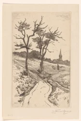 Paisagem de dunas com torre da igreja de Katwijk