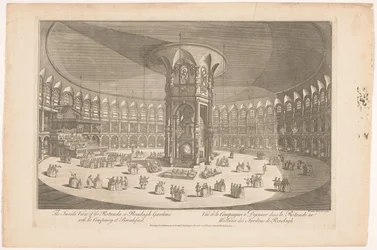 Vista do interior da Rotunda em Ranelagh Gardens, Londres, com uma empresa numa refeição
A vista interior da Rotunda em Renelagh Gardens com a empresa ao pequeno-almoço (título sobre o objecto)