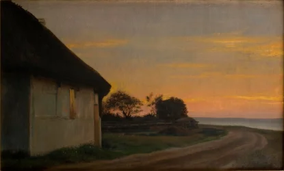Lanscape da noite com uma casa e um jardim pelo mar. Ellekilde