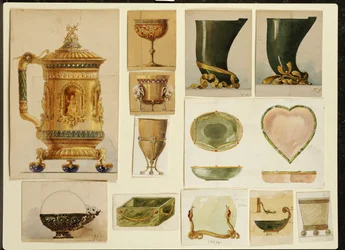 Seleção de designs, House of Carl Faberge (lápis e aquarela realçados com branco e dourado no cartão)