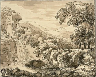 Paisagem de montanha com cascata e figuras