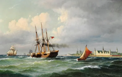 Dinamarquês: Paisagem marítima ao largo de Kronborg com numerosos navios e um barco-piloto Paisagem marítima ao largo de Kronborg com numerosos navios e um barco-piloto