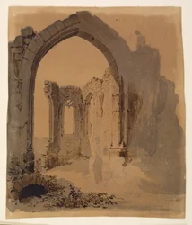 Ruína de igreja gótica com duas mulheres