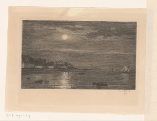 Aldeia junto à água, à luz da lua