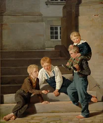 Meninos jovens, jogar, dados, frente, Christiansborg, castelo, copenhaga, 1834