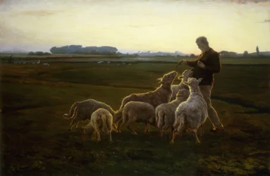 Um pastor e suas ovelhas com gansos além, 1896