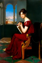"Portrait de jeune femme tenant des outils de dessin" (Retrato de jeune femme tenant des outils de dessin) Peinture de Carl Christian Vogel von Vogelstein (1788-1868) 1816 Óleo sobre tela Dim 70x48,5 cm State Art Gallery, Dresde