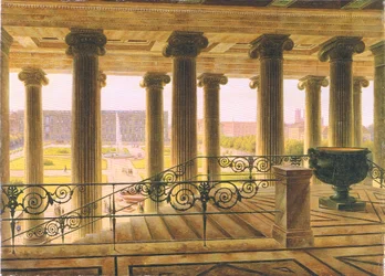 vista do novo Museu sobre o jardim de prazeres e o palácio real em Berlim