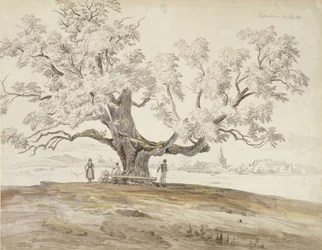 Vista de Wolfershausen bei Meiningen com um velho carvalho, 1844 (grafite e wc no papel)