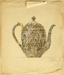 Projeto para uma cafeteira oval de esmalte cloisonne de prata dourada, House of Carl Faberge