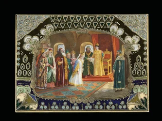 Detalhe da cartela pintada de uma caixa de mesa, retratando o czar Alexei Mikhailovich escolhendo uma noiva, c.1908-1917