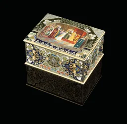 Uma caixa de mesa com cartela pintada representando o czar Alexei Mikhailovich escolhendo uma noiva, c. 1908-1917