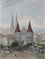 Holsten portão em Lubeck, gravado por John Godfrey (1817-1889) (gravura a cores)
