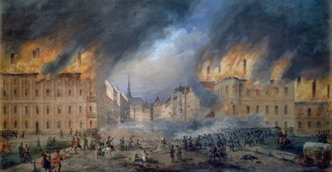 Batalha em Sternbarrikade em Jagerzeile em 28 de Outubro de 1848, revolução em Viena, incêndio na cidade, pintura de Carl Goebel (1824-1899), Áustria