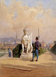 Entretido de guarda no jardim do Palácio Belvedere em Viena
