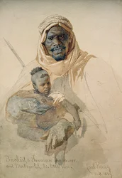 Bachist, um Howazeen Bedawee e Mabzookh, seu pequeno filho, 1859 (lápis e wc lavar no papel)