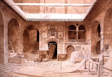 O Chan Chaleel Carpet Bazaar no Cairo, 1858 (lápis e marrom no papel)
