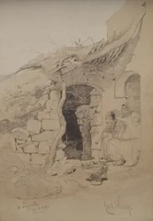 Três figuras sentadas do lado de fora de uma casa, Nazaré, 1859 (lápis e papel)