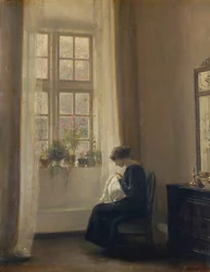 Uma menina costurando em um interior (óleo sobre tela)