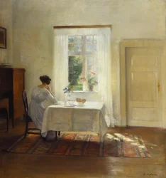 Uma mulher sentada à mesa perto de uma janela (óleo sobre tela)