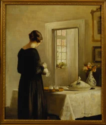 Um interior com uma mulher à mesa (óleo sobre tela)