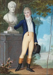 Alemão: Retrato de um jovem cavalheiro em traje de equitação, num parque de um castelo, junto ao busto da sua mãe com a inscrição "à la Reconnaissance" (em agradecimento) - de acordo com a legenda no verso, trata-se de Franz de Paula G