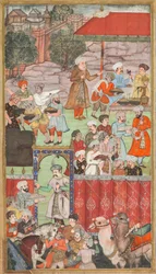 Uma festa para Babur organizada por seu meio-irmão Jahangir Mirza em Ghazni em maio de 1505, de um Babur-nama (Memórias de Babur)