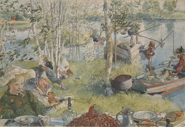 La peche aux ecrevisses - Crayfishing, de Larsson, Carl (1853-1919). Cores acrílicas sobre papel. Dimensão : 32x43 cm. Nationalmuseum Stockholm