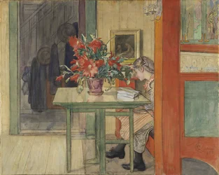 Lisbeth lisant - Lisbeth Reading, de Larsson, Carl (1853-1919). Aquarela e têmpera no papel