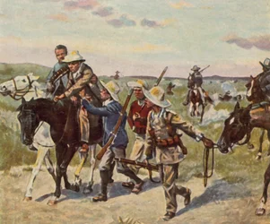 Ferimento fatal de Hendrik Witboi na batalha de Fahlgras, 29 de outubro de 1905 (litografia a cores melhorada)