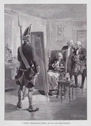 Rei Frederick William I da Prússia pintando uma granadeiro da sua Potsdamer Riesengarde (Guarda Gigante de Potsdam) (gravura)