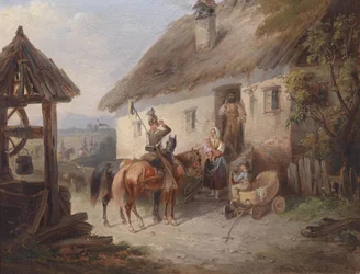 Ulanos austríacos em frente a uma casa de fazenda