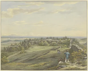 Pátio do castelo em ruínas de Falkenstein com vista para a planície do Meno, o Odenwald e os montes do Reno
