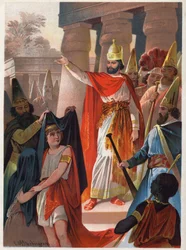 Em uma placa de Sarastro, um padre espalha grandes velas negras no Príncipe Tamino e na Ilustração da Princesa Pamina de Carl Offterdinger (1829-1889) em "A flauta encantada" (Die Zauberflote, flauto mágico, A Flauta Mágica). Coleção particular.
