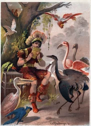 Papageno com uma flauta de panela traz as aves da floresta. Ilustração de Carl Offterdinger (1829-1889) em "A flauta encantada" (Die Zauberflote, flauto mágico, A flauta mágica). Coleção particular.