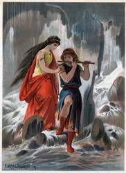 O príncipe Tamino e a princesa Pamina atravessaram sem medo os troncos de água que corriam e o príncipe continuou a tocar flauta. Ilustração de Carl Offterdinger (1829-1889) em «A Flauta Encantada». (Die Zauberflöte, flauto magico, The Magic Flute) Pri