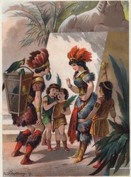 O caçador negro fecha a boca de Papageno com um cadeado para o punir por ter mentido e atribuído a si próprio a morte da serpente diante da Rainha. Ilustração de Carl Offterdinger (1829-1889) em «A Flauta Mágica». (Die Zauberflöte, flauto magico, The