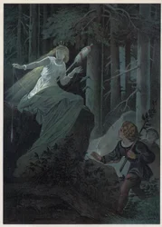A taxa a fugir com um fuso dourado estava a cantar o destino de um botão dourado. Ilustração de Carl Offterdinger (1829-1889) em "Bouton d