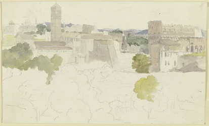 Vista sobre Roma com o Coliseu à direita, montanhas ao longe