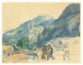 Paisagem perto de Innsbruck, com as ruínas de Fragenstein e camponeses a regressar a casa e a trabalhar nos campos