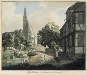 A casa paroquial e a igreja de Gronau no ano de 1814